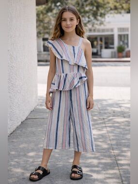 Habitual Girls Striped Jumpsuit Linen Blend Ruffle One Shoulder 10
